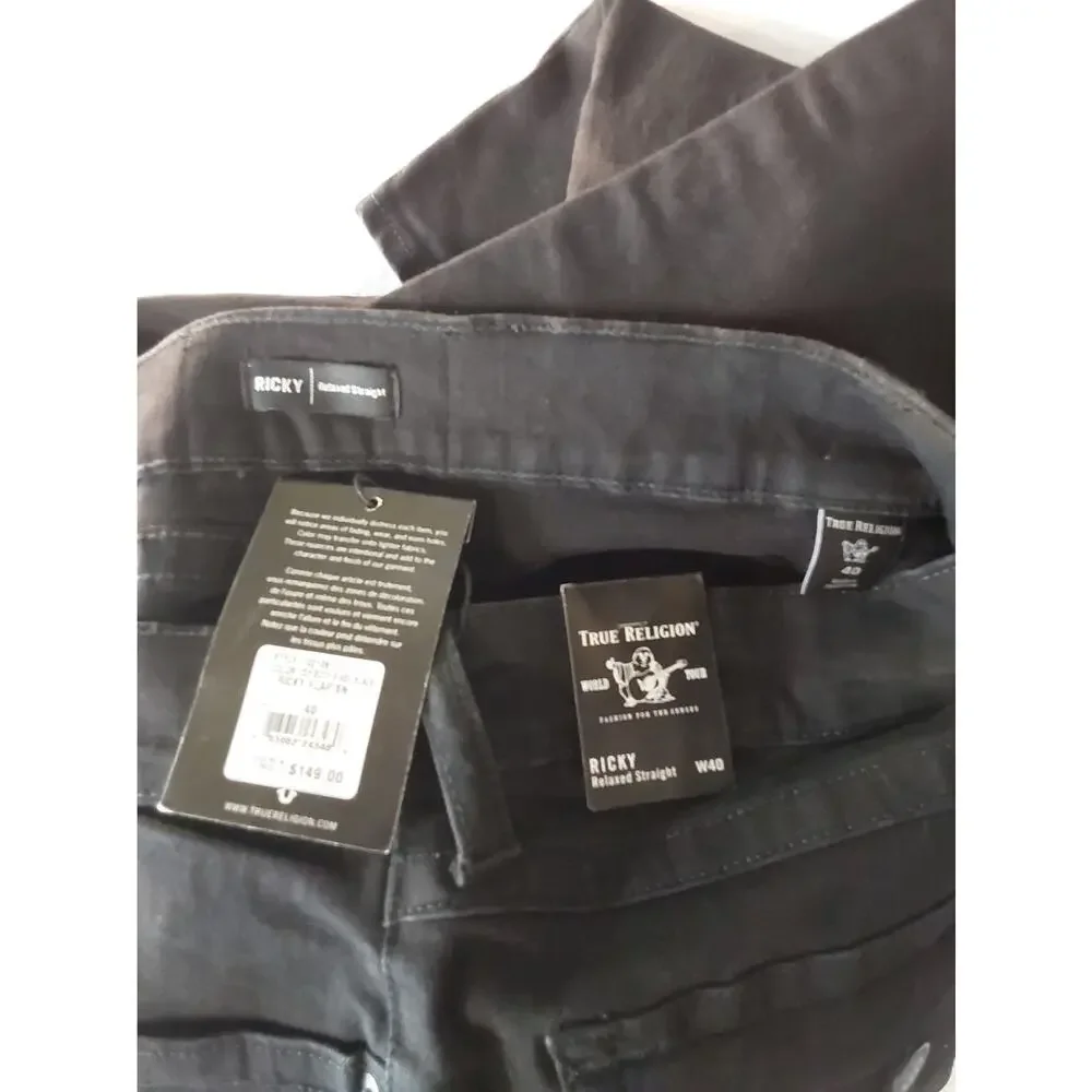 True Religion W40 Black Ricky Relaxed Straight Jeans #M162